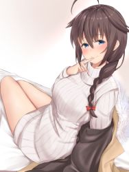 Rule 34 | 10s, 1girl, ahoge, blue eyes, blush, braid, brown hair, finger to mouth, hair flaps, hair over shoulder, highres, kantai collection, looking at viewer, maosame, ribbed sweater, shigure (kancolle), shigure kai ni (kancolle), single braid, smile, solo, sweater
