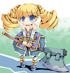 Rule 34 | 1girl, archer (disgaea), axe, bad id, bad pixiv id, bare shoulders, belt, blonde hair, blue eyes, blush, caraduki, carazuki, demon girl, disgaea, dress, drill hair, full body, long hair, nippon ichi, pantyhose, pointy ears, shoes, simple background, smile, solo, twintails, weapon, white pantyhose