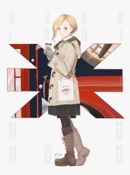 Rule 34 | 1girl, azur lane, black pantyhose, black skirt, blonde hair, blue eyes, boots, character name, coat, coffee, contemporary, copyright name, cross-laced footwear, dated, full body, highres, hood, hood (azur lane), hooded coat, lace-up boots, long hair, looking at viewer, pantyhose, pleated skirt, ribbed sweater, skirt, sleeves past wrists, smile, solo, standing, sweater, union jack, winter clothes, winter coat, yueguang zhanglang