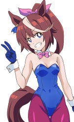 Rule 34 | 1girl, animal ears, blue eyes, blue gloves, blue leotard, bow, bowtie, breasts, bright pupils, brown hair, collar, commentary, covered navel, cowboy shot, detached collar, ear ribbon, gloves, grin, hair ribbon, head tilt, highres, horse ears, horse girl, horse tail, leotard, long hair, looking at viewer, medium breasts, multicolored hair, pantyhose, pink bow, pink bowtie, pink ribbon, playboy bunny, ponytail, ponzu rui, purple pantyhose, ribbon, simple background, smile, solo, standing, strapless, strapless leotard, streaked hair, tail, thigh gap, tokai teio (umamusume), umamusume, v, white background, white collar, white hair, white pupils, wrist cuffs