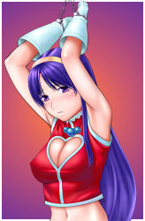 Rule 34 | 1girl, arms up, asamiya athena, bdsm, bondage, bound, breasts, cleavage, cleavage cutout, clothing cutout, cuffs, gloves, handcuffs, heart, heart cutout, large breasts, lowres, snk, solo, the king of fighters, the king of fighters 2003