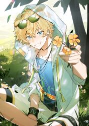 Rule 34 | 1boy, absurdres, animal ears, arknights, belt, belt buckle, blonde hair, blue eyes, blue shirt, blush, buckle, chinese commentary, collarbone, commentary request, dog boy, dog ears, eyewear on head, flower, grass, highres, holding, holding flower, hood, hood up, hooded jacket, infection monitor (arknights), jacket, looking at viewer, male focus, open clothes, open jacket, orange belt, parted lips, shirt, short hair, shorts, sitting, smile, solo, sunglasses, teeth, tequila (arknights), tree, white jacket, white shorts, yellow flower, yilansideless