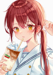 Rule 34 | 1girl, absurdres, anchor print, axis powers hetalia, blurry, blush, brown hair, buttons, cup, depth of field, disposable cup, double-breasted, drink, drinking straw, fingernails, hair over shoulder, hands up, highres, holding, holding cup, hot, light particles, long hair, looking at viewer, red hair, riri5937, sailor collar, shirt, side ponytail, solo, sweat, upper body, vietnam (hetalia), white shirt, yellow eyes