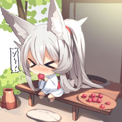Rule 34 | &gt; &lt;, 1girl, absurdly long hair, afterimage, animal ear fluff, animal ears, barefoot, blush, chibi, closed eyes, commentary request, eating, food, fox ears, fox girl, fox tail, fruit, hair between eyes, highres, holding, holding food, japanese clothes, kimono, long hair, long sleeves, nose blush, obi, original, ponytail, sash, silver hair, sitting, solo, sweat, tail, tray, tree, umeboshi, very long hair, white kimono, wide sleeves, yuuji (yukimimi)