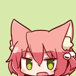 Rule 34 | 1girl, 7th dragon, 7th dragon (series), :d, animal ear fluff, animal ears, blush, cat ears, fang, fighter (7th dragon), green background, green eyes, hair between eyes, hair bobbles, hair ornament, harukara (7th dragon), head, looking at viewer, naga u, one side up, open mouth, pink hair, simple background, smile, solo