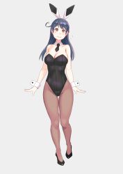Rule 34 | 1girl, bare shoulders, black footwear, black leotard, black necktie, blue hair, blush, breasts, brown eyes, brown pantyhose, closed mouth, commentary request, detached collar, flying sweatdrops, full body, grey background, high heels, highres, kantai collection, large breasts, leotard, looking at viewer, necktie, pantyhose, playboy bunny, simple background, solo, standing, thigh gap, ushio (kancolle), wing collar, wrist cuffs, yuuji (and)