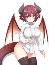 Rule 34 | 1girl, black thighhighs, blush, breasts, commentary request, dot nose, dragon girl, dragon horns, dragon tail, dragon wings, granblue fantasy, grea (shingeki no bahamut), hair between eyes, horns, large breasts, long sleeves, looking at viewer, manaria friends, no pants, osa (osaosa), panties, pointy ears, red eyes, shingeki no bahamut, shirt, short hair, simple background, solo, tail, thighhighs, torn wings, underwear, white background, white panties, white shirt, wings