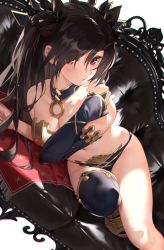 Rule 34 | 1girl, armlet, asymmetrical legwear, asymmetrical sleeves, bikini, black bikini, black bow, black hair, blush, bow, breasts, bridal gauntlets, cleavage, couch, detached collar, detached sleeves, earrings, fate/grand order, fate (series), gold trim, hair bow, highres, hoop earrings, ishtar (fate), jewelry, long hair, looking at viewer, lying, medium breasts, navel, neck ring, on side, parted bangs, parted lips, red eyes, single detached sleeve, single thighhigh, solo, swimsuit, thighhighs, thighs, tiara, to gemichi, two side up, uneven legwear, uneven sleeves, white bikini