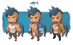 Rule 34 | 1boy, abs, alternate costume, asymmetrical hair, bara, bare pectorals, blue eyes, blue hair, bulge, chest tattoo, chibi, closed eyes, denim, expressions, facial hair, full body, goatee, gomtang, happi, japanese clothes, jeans, kimono, loincloth, long hair, male focus, mature male, muscular, muscular male, navel, no pants, open clothes, open kimono, open shirt, original, pants, pectoral cleavage, pectorals, ponytail, shark (gomtang), sharp teeth, shirt, sideburns, sidecut, sidepec, smile, tank top, tattoo, teeth, thick eyebrows, torn clothes, torn pants, undercut, white tank top, yellow shirt