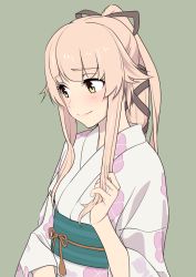 Rule 34 | 1girl, alternate costume, commentary request, floral print, green eyes, grey background, hair flaps, highres, japanese clothes, jewelry, kantai collection, kimono, koubakotone, long hair, looking down, pink hair, ponytail, ring, simple background, smile, solo, upper body, very long hair, wedding band, white kimono, yukata, yura (kancolle)