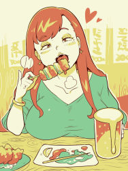 Rule 34 | 1girl, bracelet, breasts, cup, drink, earrings, eating, flat color, food, fruit, green shirt, heart, highres, holding, jewelry, large breasts, lemon, lemon slice, limited palette, long hair, looking at viewer, mug, open mouth, original, plate, red eyes, red hair, sanjiro (tenshin anman), shirt, skewer, solo, tongue, upper body
