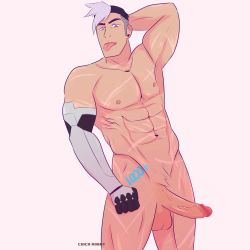 Rule 34 | 1boy, abs, absurdres, chico-robot, erection, highres, hyakujuu-ou golion, male focus, multicolored hair, nude, penis, solo, takashi shirogane, tongue, voltron