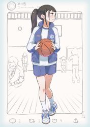 1girl, 5girls, absurdres, basketball, black hair, extra, gym uniform, highres, looking to the side, multiple girls, norikoi, original, partially colored, ponytail, profile, school uniform, shoes, shorts, sneakers, solo focus, twitter, user interface