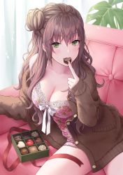 Rule 34 | 1girl, aimori meguru, blush, box, box of chocolates, breasts, candy, cardigan, chocolate, chocolate heart, cleavage, come hither, couch, finger to mouth, floral print, food, food in mouth, green eyes, hair bun, heart, highres, lace-trimmed camisole, lace trim, large breasts, long hair, looking at viewer, no pants, open cardigan, open clothes, original, print camisole, single hair bun, sitting, solo, valentine, wavy hair