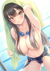 Rule 34 | 1girl, armpits, black hair, blue one-piece swimsuit, blush, breasts, cleavage, closed mouth, clothes pull, collarbone, commentary request, competition swimsuit, goggles, goggles around neck, hair censor, hair over breasts, highres, himamo, large breasts, long hair, mole, mole on breast, one-piece swimsuit, one-piece swimsuit pull, orange eyes, original, pool, solo, swimsuit, thighs, topless, towel, towel on head, very long hair, wet