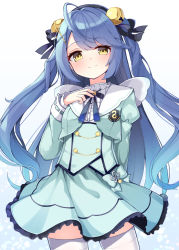 Rule 34 | 1girl, ahoge, amamiya kokoro, bell, beret, black hat, black ribbon, blue background, blue hair, blue jacket, blue skirt, blue vest, blush, center frills, closed mouth, commentary request, cropped jacket, frills, gradient background, hair bell, hair ornament, hair ribbon, hairclip, hand up, hat, highres, jacket, jingle bell, juliet sleeves, long hair, long sleeves, looking at viewer, nijisanji, ominaeshi (takenoko), puffy sleeves, ribbon, ribbon-trimmed sleeves, ribbon trim, shirt, skirt, smile, solo, standing, thighhighs, two side up, very long hair, vest, virtual youtuber, white background, white shirt, white thighhighs, x hair ornament, yellow eyes