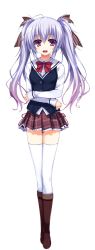 Rule 34 | 1girl, absurdres, blush, boots, crossed arms, full body, highres, knee boots, light purple hair, long hair, long sleeves, looking at viewer, non-web source, open mouth, pleated skirt, purple eyes, reminiscence, ribbon, school uniform, shimazu aki, simple background, skirt, smile, solo, thighhighs, tomose shunsaku, transparent background, twintails, white background, white thighhighs, zettai ryouiki
