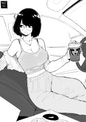 Rule 34 | 1girl, absurdres, artist name, bare shoulders, bob cut, bra, bra peek, bra strap, breasts, car interior, car seat, cleavage, commentary, crop top, cup, desyana laurentia, disposable cup, doughnut, drinking straw, english commentary, feet out of frame, food, glasses, greyscale, high-waist pants, highres, jacket, jewelry, looking away, looking to the side, medium breasts, midriff, mole, mole on breast, mole under eye, monochrome, necklace, norman maggot, off-shoulder jacket, off shoulder, original, pants, short hair, simple background, sitting, solo, starbucks siren, steering wheel, tank top, underwear, vehicle interior, white background
