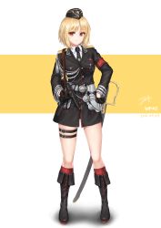 Rule 34 | 1girl, absurdres, aiguillette, armband, baek hyang, belt, black footwear, black gloves, black necktie, blonde hair, blush, boots, brown eyes, character name, closed mouth, collared shirt, cross, cross-laced footwear, dated, full body, german clothes, girls&#039; frontline, gloves, gun, half gloves, hand on own hip, hat, highres, holding, holding gun, holding weapon, iron cross, knee boots, kneehighs, lace-up boots, looking at viewer, military, military hat, military uniform, mp40, mp40 (girls&#039; frontline), necktie, pouch, red socks, ribbed legwear, sheath, sheathed, shirt, short hair, sidelocks, signature, simple background, skindentation, smile, socks, solo, submachine gun, sword, thigh strap, thighs, uniform, weapon, white shirt
