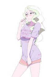 Rule 34 | 1girl, alternate costume, ar jart, blonde hair, blue eyes, blush, breasts, casual, closed mouth, clothes writing, cowboy shot, diana cavendish, hand up, highres, little witch academia, long hair, medium breasts, playing with own hair, print shirt, purple shirt, red shorts, shirt, short shorts, shorts, simple background, solo, t-shirt, thighs, white background