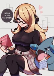 Rule 34 | 1girl, absurdres, blonde hair, blue eyes, book, closed mouth, commentary, creatures (company), cynthia (pokemon), english commentary, english text, game freak, gen 4 pokemon, gible, glasses, hair ornament, heart, highres, holding, holding book, long hair, looking at viewer, nintendo, pokemon, pokemon (creature), pokemon dppt, shirt, simple background, smile, touyarokii, twitter username