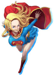 Rule 34 | 1girl, animification, belt, blonde hair, blue eyes, boots, breasts, butcha-u, cape, covered erect nipples, dc comics, flying, hanging breasts, kryptonian, large breasts, long hair, looking at viewer, md5 mismatch, midriff, red cape, red footwear, shirt, shoes, skirt, solo, supergirl, superman (series), taut clothes, taut shirt