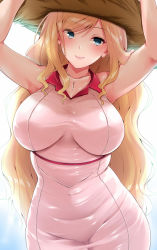Rule 34 | 1girl, amasora taichi, armpits, arms up, bare shoulders, blonde hair, blue eyes, blush, breasts, brown hat, closed mouth, collarbone, commentary request, covered navel, cowboy shot, curvy, hat, head tilt, highres, impossible clothes, large breasts, long hair, looking at viewer, original, simple background, sleeveless, smile, solo, straw hat, swept bangs, very long hair, wavy hair, white background