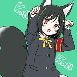 Rule 34 | 1girl, animal ear fluff, animal ears, armband, black hair, black jacket, black tail, blush, collared shirt, commentary request, fang, fox ears, fox tail, green background, hair ribbon, hands up, jacket, long sleeves, looking at viewer, love live!, love live! nijigasaki high school idol club, mifune shioriko, neck ribbon, nijigasaki academy school uniform, open mouth, paw pose, red armband, red eyes, ribbon, school uniform, shinanoya (satanicad), shirt, short hair, solo, tail, upper body, white shirt, winter uniform, yellow ribbon