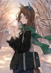 Rule 34 | 1girl, animal ears, bag, black jacket, black sweater, blue skirt, blurry, blurry background, blush, breath, brown hair, closed mouth, coffee cup, cup, disposable cup, ear covers, highres, holding, holding cup, horse ears, horse girl, horse tail, jacket, king halo (umamusume), long hair, long sleeves, looking at viewer, ninjin nouka, orange eyes, outdoors, scarf, school bag, skirt, smile, solo, standing, sweater, tail, tree, umamusume
