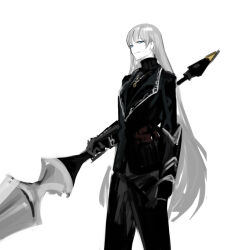 Rule 34 | 1girl, angelica (project moon), black jacket, black pants, black sweater, closed mouth, gauntlets, holding, holding polearm, holding weapon, jacket, jewelry, lance, library of ruina, long hair, looking at viewer, necklace, nishikujic, pants, polearm, project moon, ring, ring necklace, simple background, smile, solo, sweater, turtleneck, turtleneck sweater, very long hair, weapon, white background, white hair