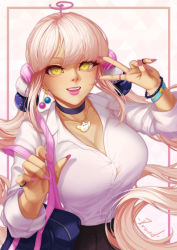 Rule 34 | 1girl, absurdres, bag, blonde hair, breasts, choker, dark-skinned female, dark skin, hair ornament, highres, hololive, hololive english, jewelry, large breasts, limiter (tsukumo sana), long hair, long sleeves, looking at viewer, nail polish, necklace, oakproud, open mouth, planet hair ornament, pleated skirt, school uniform, skirt, smile, tsukumo sana, twintails, very long hair, virtual youtuber, white hair, yellow eyes