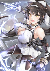 Rule 34 | 1girl, azur lane, bare shoulders, black hair, bow, breasts, cleavage, cleavage cutout, clothing cutout, elbow gloves, electricity, extra ears, gloves, green eyes, gudon (iukhzl), hair bow, hair ears, hair flaps, highres, holding, holding sheath, holding sword, holding weapon, katana, large breasts, long hair, manjuu (azur lane), official alternate costume, open mouth, ponytail, ribbon, sheath, skirt, sleeveless, sword, takao (azur lane), takao (divine exorcist&#039;s blade) (azur lane), weapon, white bow, white ribbon, white skirt