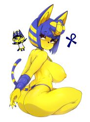 Rule 34 | 1girl, absurdres, animal crossing, animal ears, ankh, ankha (animal crossing), ass, bob cut, breasts, cat ears, cat tail, colored skin, egyptian, eyeliner, from behind, furry, furry female, hair ornament, highres, large breasts, looking at viewer, looking back, makeup, nintendo, nipples, shiny skin, short hair, simple background, sitting, slugbox, snake hair ornament, solo, striped tail, sweat, tail, thong, topless, underboob, white background, yellow skin