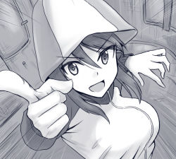 Rule 34 | 10s, 1girl, breasts, girls und panzer, greyscale, hair between eyes, hat, large breasts, liar lawyer, mika (girls und panzer), monochrome, pointing, smile, solo