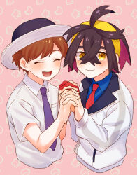 Rule 34 | 2boys, :d, ahoge, blue shirt, blush, breast pocket, brown hair, closed eyes, closed mouth, collared shirt, creatures (company), crossed bangs, florian (pokemon), game freak, hair between eyes, hairband, hands up, hat, highres, holding hands, jacket, kieran (pokemon), male focus, mochi (mocchi p 2m), multiple boys, necktie, nintendo, open mouth, pink background, pocket, pokemon, pokemon sv, purple necktie, red necktie, school uniform, shirt, short hair, smile, teeth, tongue, upper body, upper teeth only, white headwear, white jacket, white shirt, yellow hairband