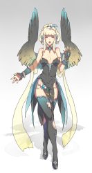 Rule 34 | 1girl, ahoge, armband, bad deviantart id, bad id, blonde hair, blue hair, boots, bracelet, breasts, choker, cleavage, deathalice, feathered wings, gem, highres, jewelry, multicolored hair, open mouth, original, shadow, solo, thigh boots, thighhighs, wings, wrist cuffs