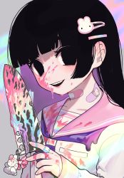 Rule 34 | 1girl, absurdres, bandaid, bandaid on hand, bandaid on neck, black hair, blood, blood on clothes, blood on face, bloody knife, blunt bangs, blunt ends, blush, charm (object), clothing cutout, collarbone, empty eyes, hair ornament, hairclip, heart cutout, highres, hime cut, holding, holding knife, knife, long hair, looking at viewer, melting, mino (kirarayakubou), neckerchief, open mouth, original, rabbit hair ornament, rainbow gradient, school uniform, serafuku, smile, solo