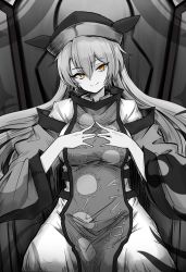 Rule 34 | 1girl, blush, breasts, closed mouth, commentary request, constellation print, detached sleeves, efukei, eyelashes, fingernails, fingers together, glowing, glowing eyes, head tilt, highres, large breasts, long hair, long sleeves, looking at viewer, matara okina, medium breasts, monochrome, sitting, smile, solo, sun print, tabard, throne, touhou, wide sleeves, yellow eyes, ||/
