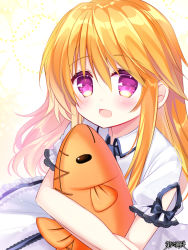 Rule 34 | 1girl, :d, blonde hair, blush, collared dress, copyright request, dress, frilled dress, frills, hair between eyes, hugging object, long hair, open mouth, puffy short sleeves, puffy sleeves, purple eyes, shikito (yawa0w0), short sleeves, smile, solo, stuffed animal, stuffed fish, stuffed toy, very long hair, white dress