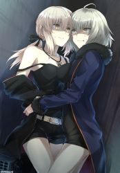 Rule 34 | 2girls, against wall, ahoge, anger vein, angry, artoria pendragon (all), artoria pendragon (fate), bare legs, bare shoulders, black jacket, black tank top, blonde hair, blue coat, braid, breast press, breasts, clenched teeth, coat, collarbone, cowboy shot, cross, cross necklace, dark persona, denim, denim shorts, eye contact, false smile, fate/apocrypha, fate/grand order, fate (series), female focus, french braid, glowing, glowing eyes, grin, hair between eyes, headpiece, hug, jacket, jeanne d&#039;arc (fate), jeanne d&#039;arc (ruler) (fate), jeanne d&#039;arc alter (fate), jeanne d&#039;arc alter (ver. shinjuku 1999) (fate), jewelry, legs, long hair, looking at another, medium breasts, multiple girls, neck, necklace, official alternate costume, ponytail, saber (fate), saber alter, saber alter (ver. shinjuku 1999) (fate), shaded face, short hair, short shorts, shorts, silver hair, smile, somechime (sometime1209), standing, strap slip, sweat, symmetrical docking, tank top, teeth, thighs, type-moon, yellow eyes, yuri