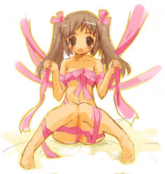 Rule 34 | blush, brown eyes, brown hair, knees together feet apart, momiji mao, naked ribbon, nude, ribbon, solo, twintails