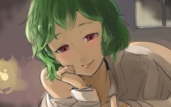 Rule 34 | 1girl, ass, backlighting, blush, bottomless, collared shirt, green hair, half-closed eyes, indoors, kazami yuuka, lantern, light, long sleeves, looking down, lying, off shoulder, on stomach, open clothes, open shirt, red eyes, shirt, short hair, sinzan, smile, solo, touhou, white shirt, window