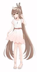 Rule 34 | 1girl, absurdres, ahoge, belt, brown eyes, brown hair, collarbone, daikon keroi, dress, feather hair ornament, feathers, full body, hair ornament, hairclip, highres, holding, holding clothes, holding dress, holocouncil, hololive, hololive english, jewelry, long hair, looking at viewer, medium dress, multicolored hair, nanashi mumei, necklace, platform footwear, ponytail, red belt, solo, streaked hair, sundress, very long hair, virtual youtuber, white dress