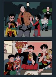 Rule 34 | 6+boys, alfred pennyworth, animal print, arm behind head, arms up, bart allen, bat print, batman (series), belt, belt buckle, belt pouch, bench, black belt, black footwear, black hair, black jacket, blonde hair, blue eyes, branch, brown hair, brown jacket, buckle, can, cape, cassie sandsmark, closed mouth, conner kent, couch, crossed legs, cup, damian wayne, dc comics, denim, drinking, drinking straw, eating, emblem, eye mask, facial hair, finger to mouth, food, frown, hair between eyes, hands up, highres, hokkemaruyaki, holding, holding branch, holding cup, holding food, holding newspaper, holding phone, impulse, indoors, jacket, jason todd, jeans, jonathan kent, kon-el, lois lane, long sleeves, looking at another, male focus, milkshake, multicolored hair, multiple boys, multiple girls, mustache, newspaper, open clothes, open jacket, open mouth, orange hair, outdoors, outstretched arm, pants, park bench, parted bangs, peeking, phone, pizza, pizza box, pouch, red cape, red hood (dc), red mask, red pants, red shirt, robin (dc), shirt, short hair, short sleeves, sitting, sleeves rolled up, smile, standing, streaked hair, super sons, superboy, superhero costume, superman (series), thigh strap, tim drake, tinted eyewear, two-tone hair, white hair, window, wonder girl, yellow-tinted eyewear, young justice