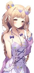 Rule 34 | 1girl, absurdres, bare shoulders, blush, bow, braid, breasts, brown hair, cleavage, double bun, dress, eyewear on head, flower, hair bow, hair bun, hair flower, hair ornament, highres, jewelry, jun (aousa0328), long hair, looking at viewer, necklace, original, simple background, solo, sunglasses, twintails, white background