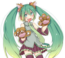 Rule 34 | 1girl, animal costume, animal ears, animal hands, cat ears, cat paws, detached sleeves, fang, gloves, gradient hair, green eyes, green hair, hatsune miku, headset, long hair, matching hair/eyes, multicolored hair, nana (from sky), necktie, open mouth, paw gloves, simple background, skirt, solo, thighhighs, twintails, very long hair, vocaloid