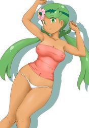 Rule 34 | 1girl, armpits, arms up, breasts, cleavage, covered erect nipples, creatures (company), dark skin, game freak, green eyes, green hair, highres, looking at viewer, mallow (pokemon), nintendo, panties, pokemon, pokemon sm, shirt, strapless, strapless shirt, tof, trial captain, twintails, underwear
