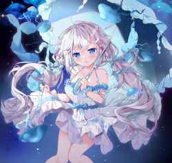 Rule 34 | 1girl, bare shoulders, blue bow, blue eyes, blue flower, blue umbrella, blush, bow, braid, breasts, chestnut mouth, collarbone, commentary request, dress, feet out of frame, flower, frilled umbrella, frills, grey hair, hair bow, hair flower, hair ornament, highres, holding, holding umbrella, jellyfish, knees together feet apart, long hair, low twintails, medium breasts, mikeou, original, parted lips, skirt hold, sleeveless, sleeveless dress, solo, twintails, twitter username, umbrella, very long hair, white dress, white flower, wrist cuffs