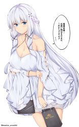 Rule 34 | 1girl, alternate hairstyle, arashiki mamizu, azur lane, bag, bare shoulders, blue eyes, blush, braid, breasts, casual, cleavage, collarbone, commentary request, dress, french braid, hair ornament, highres, holding, holding bag, illustrious (azur lane), large breasts, long hair, long sleeves, looking at viewer, mole, mole under eye, shoulder bag, side braid, sidelocks, simple background, smile, solo, speech bubble, standing, translation request, twitter username, very long hair, white background, white dress, white hair, wide sleeves