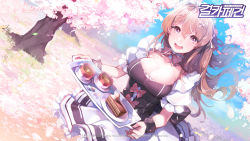 Rule 34 | 1girl, absurdres, apron, breasts, brown eyes, brown hair, cake, cherry blossoms, cleavage, coffee, coffee cup, company name, copyright name, cream, cup, disposable cup, food, frills, girl cafe gun, heart, heart-shaped pupils, highres, holding, holding tray, irene white (girl cafe gun), kanola u, large breasts, long hair, looking at viewer, maid, maid apron, maid headdress, skindentation, skirt, smile, solo, symbol-shaped pupils, tray, waist apron